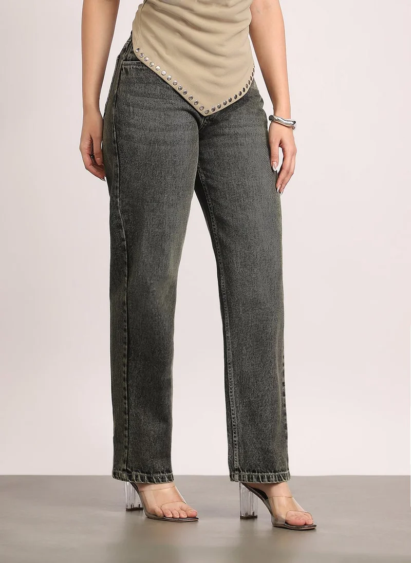 Urbano Fashion  Urbano Fashion Women's Grey High Rise Straight Fit Washed Jeans Non-Stretchable for Women | Best Price UAE